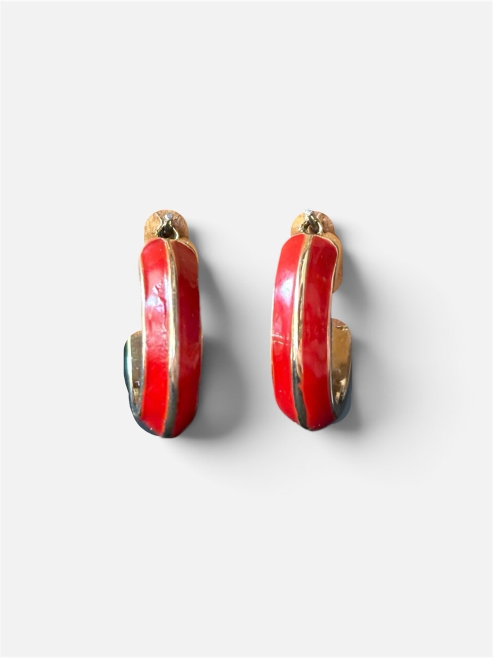 Vintage Monet Gold-Tone Red Enamel Hoop Earrings | Small Hoops